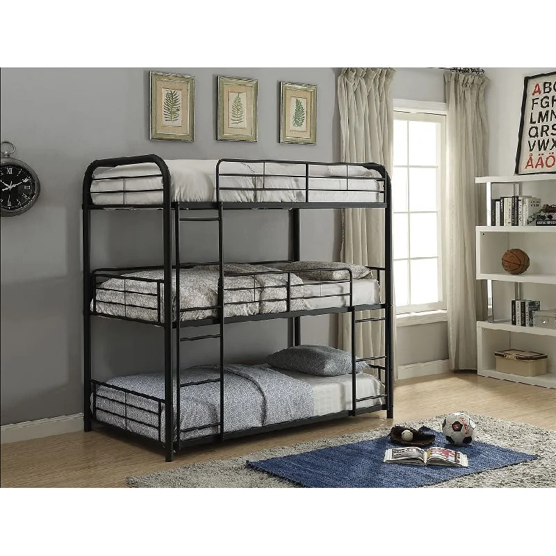 Triple Twin-over-Twin-over-Twin Metal Bunk Bed with Long and Short Ladder ,Black