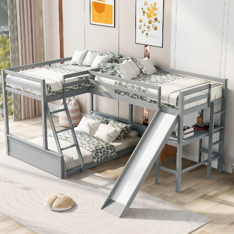 Twin over Full Bunk Bed with Twin Loft Bed with Desk & Slide, Full-Length Guardrail