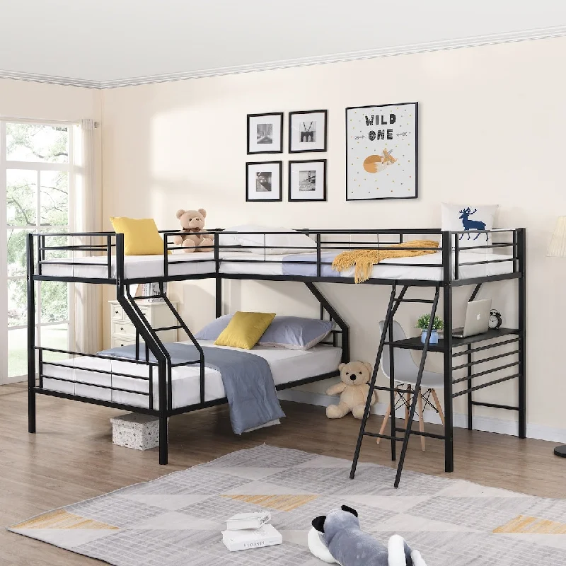 Twin over Full Bunk Bed with Twin Size Loft Bed Attached, with Desk