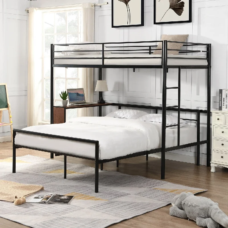 Twin over Full Metal Bunk Bed with Built-in Desk and Separate Full Platform Bed, Black