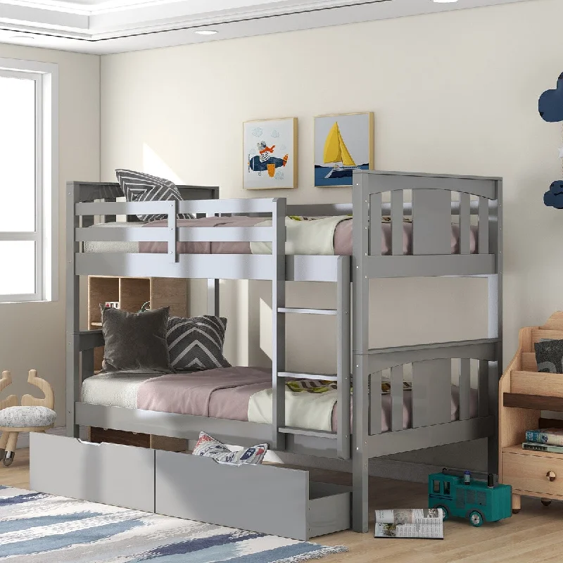 Twin over Twin Bunk Bed with Drawers and Ladder for Teens Bedroom, Guest Room Furniture-Gray