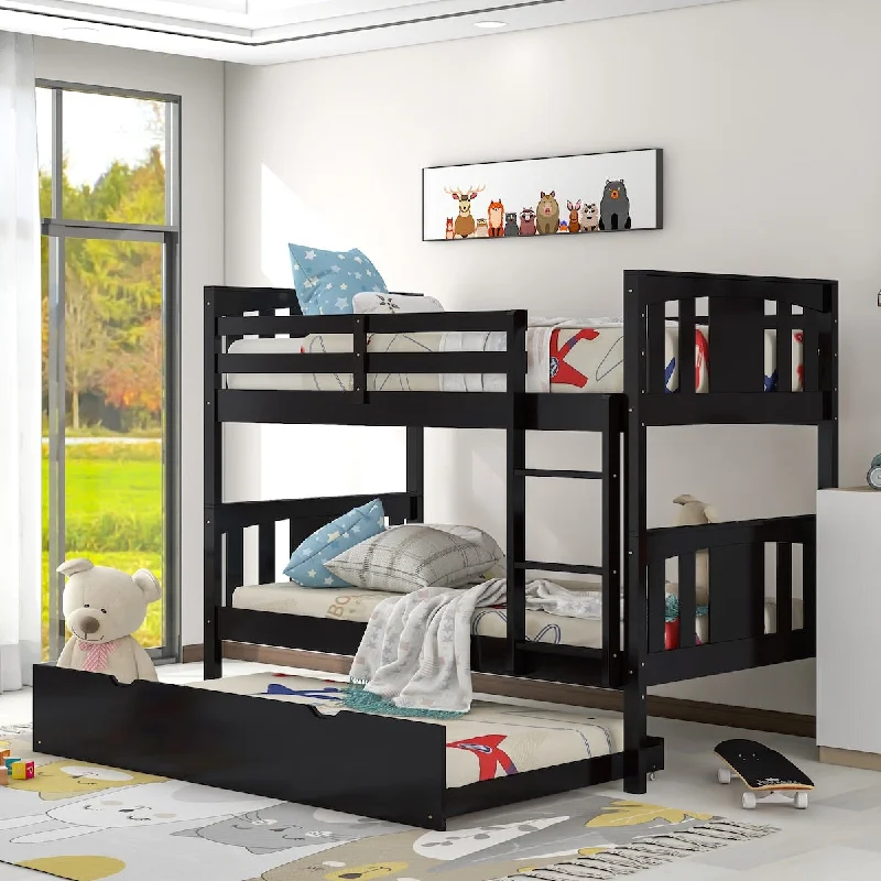 Twin over Twin Bunk Bed with Trundle Bed(4 Casters), Solid Wood Bed with Ladder and Full-length Guardrail, Espresso