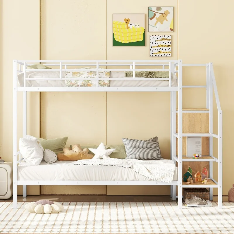 Twin over Twin Frame Bed White Metal Bunk Bed Lateral Ladder with 3 Storage Shelf and Built-in Wooden Wardrobe Underneath