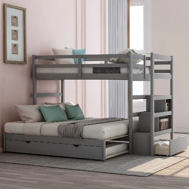 Twin over Twin/King Bunk Bed with Twin Size Trundle Bed(4 Casters), Wood Bed with Staircase(2 shelves and 1 Drawer), Gray