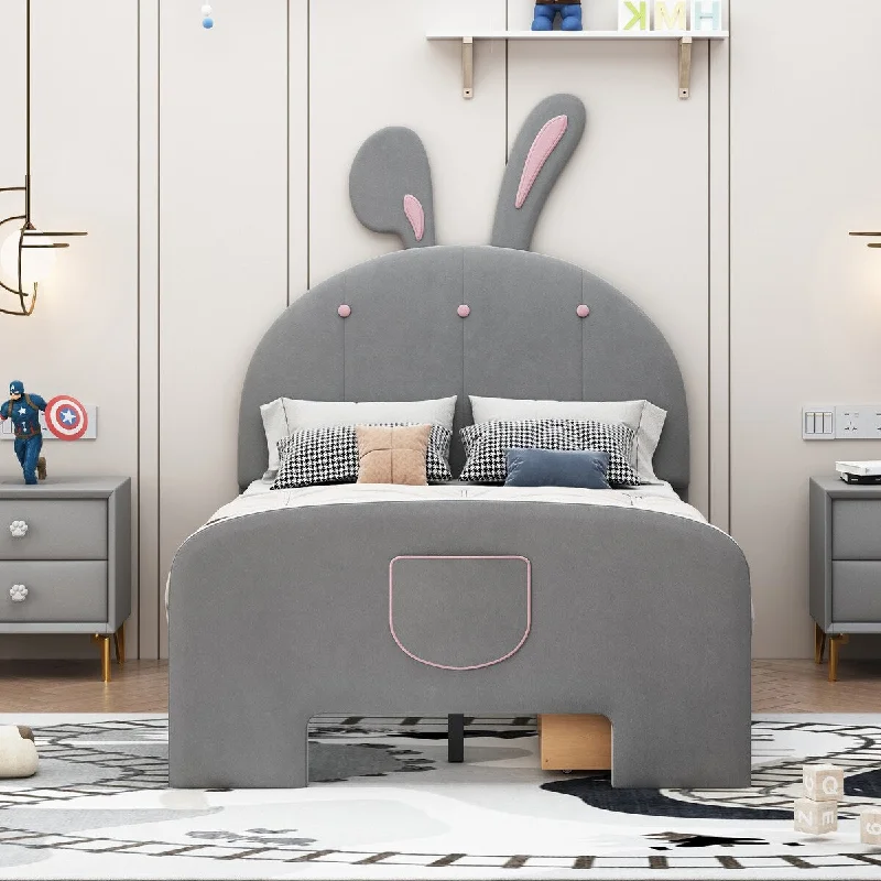 Twin Size Adorable Rabbit-Shaped Platform BedVelvet,with Drawers,with Bed-End Storage Pocket,Grey