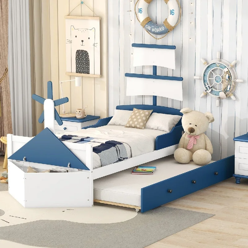 Twin Size Boat-Shaped Platform Bed with Twin size Trundle Bed, Suitable for Kids and young Children, Blue