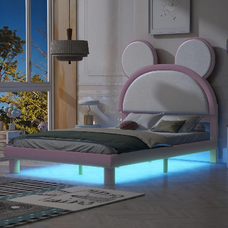 Twin Size Ears Shaped Upholstered Platform Bed with LED