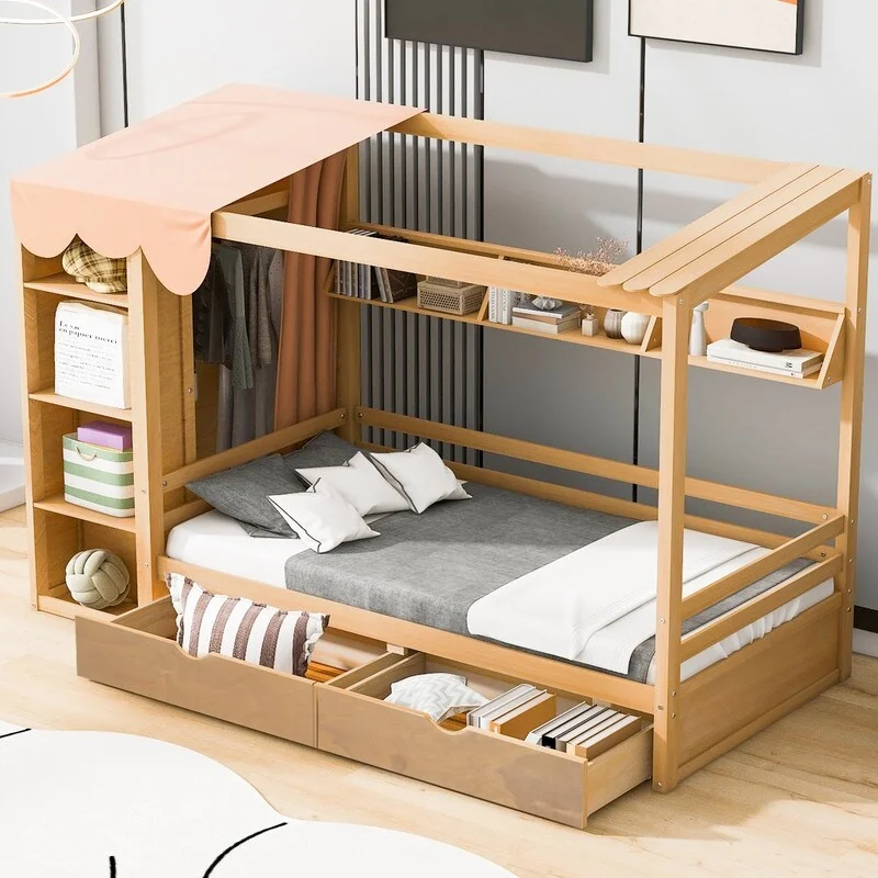 Twin size House Bed with Two Drawers and Wardrobe