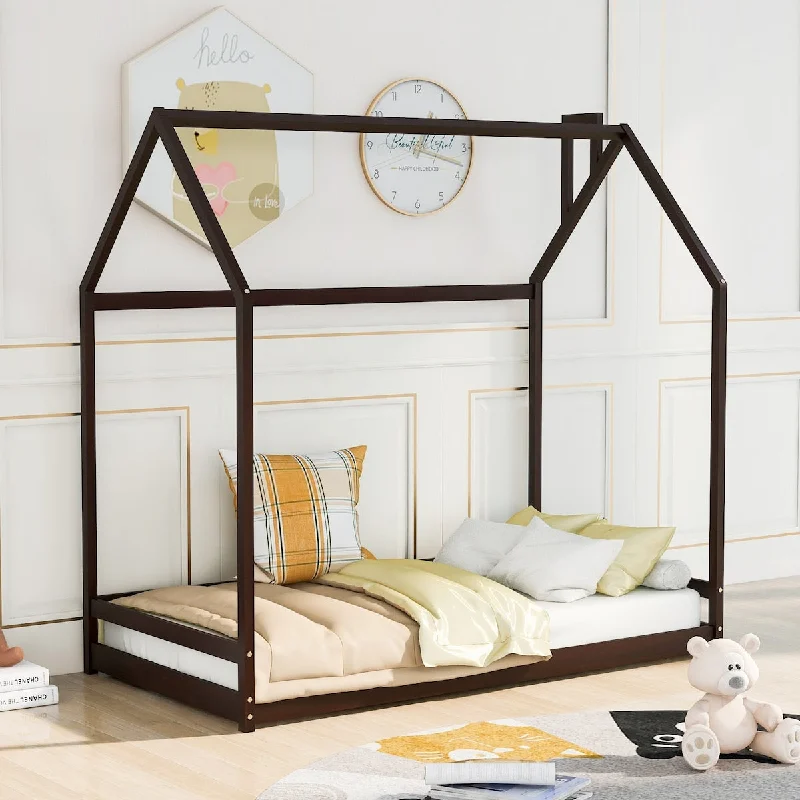 Twin Size House Bed Wood Bed, Espresso