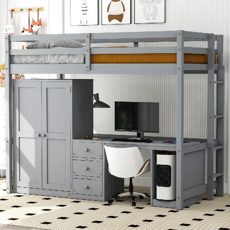 Twin Size Kids Loft Bed with Desk and Wardrobe, Wood Loft Bed Frame with 3 Storage Drawers and Cabinet for Kids Teens, Gray