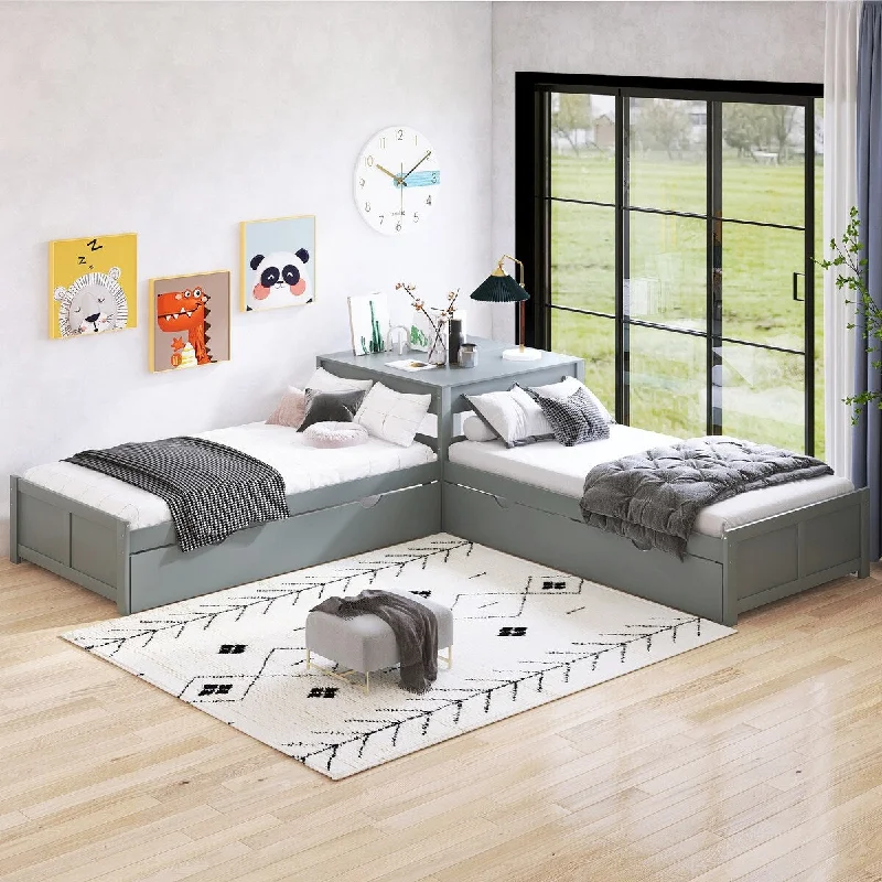 Twin Size L-Shaped Platform Bed with 2 Trundles&Built-in Square Table