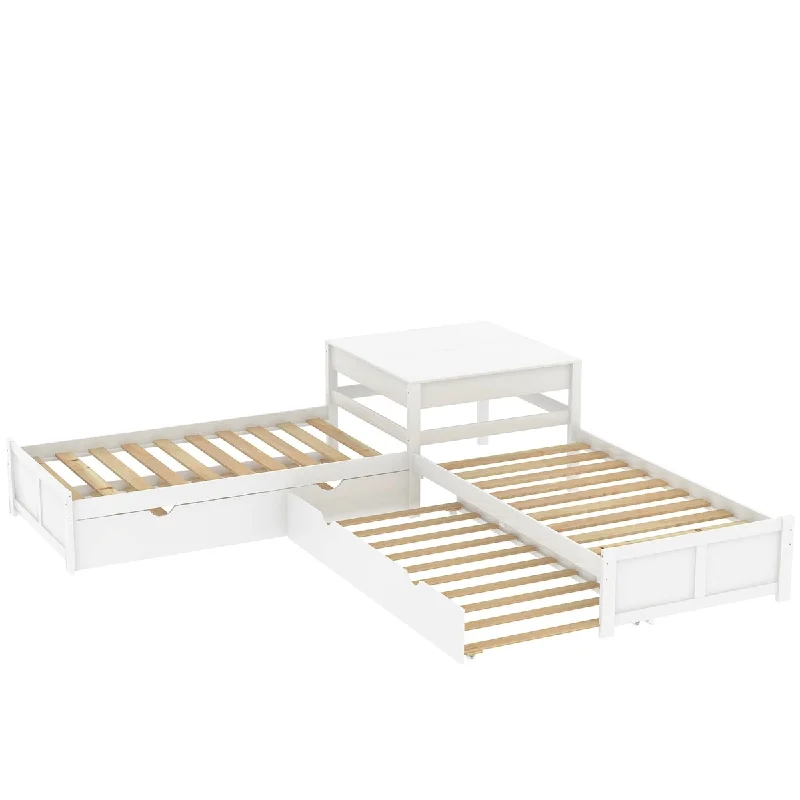 Twin Size L-Shaped Platform Bed with 2 Trundles&Built-in Square Table