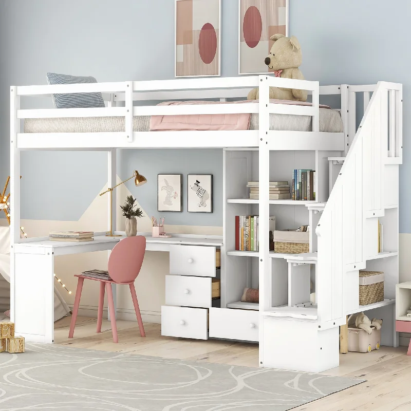 Twin Size Loft Bed with L-Shaped Desk and Drawers, Cabinet and Storage Staircase