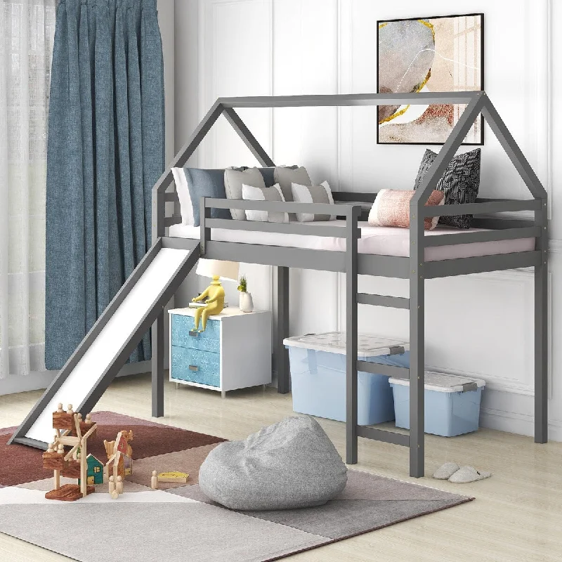 Twin Size Loft Bed with Ladder and Guardrails, Solid Pinewood House Bed Frame with Slide and Slats