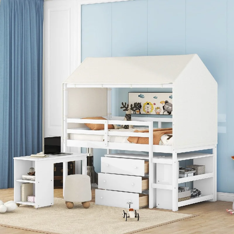 Twin Size Loft Bed with Rolling Cabinet, Shelf, Tent - Space-Saving Design in White/Gray/Espresso