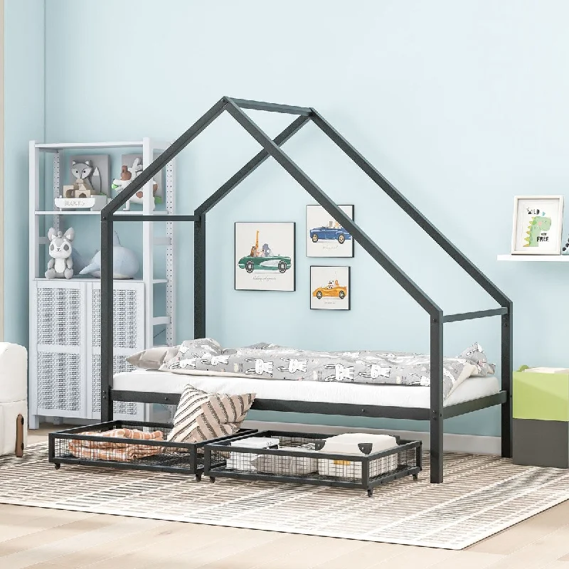 Twin Size Metal House Bed with Movable Drawers