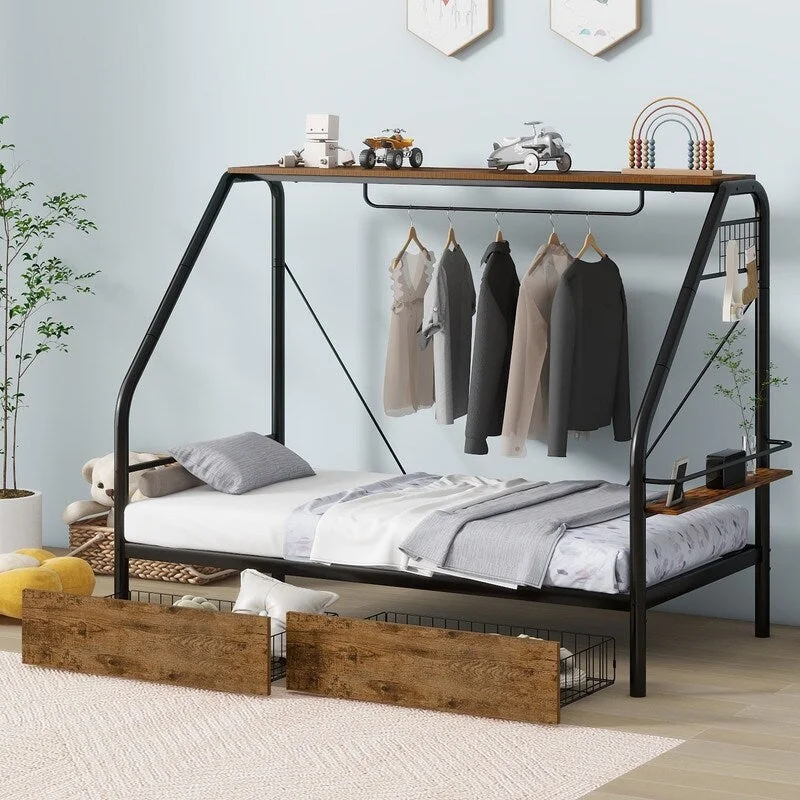 Twin Size Metal Platform Bed with Clothes Rack, Storage Shelves and 2 Drawers