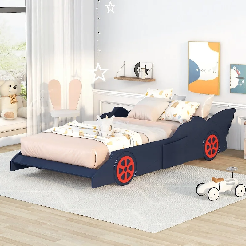 Twin Size Platform Bed, Children Race Car-Shaped Bedframe with Wheels, Creative Design for Kids Bedroom, No Spring Box Needed