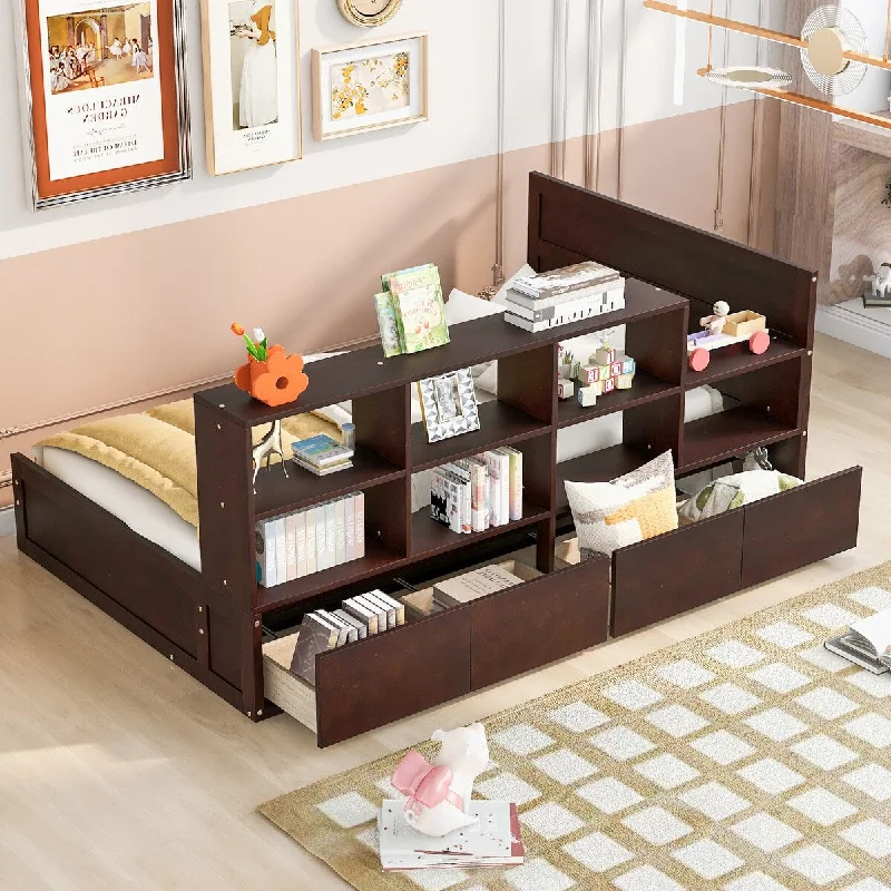 Twin Size Platform Bed with Headboard, Drawers, and Storage Shelves