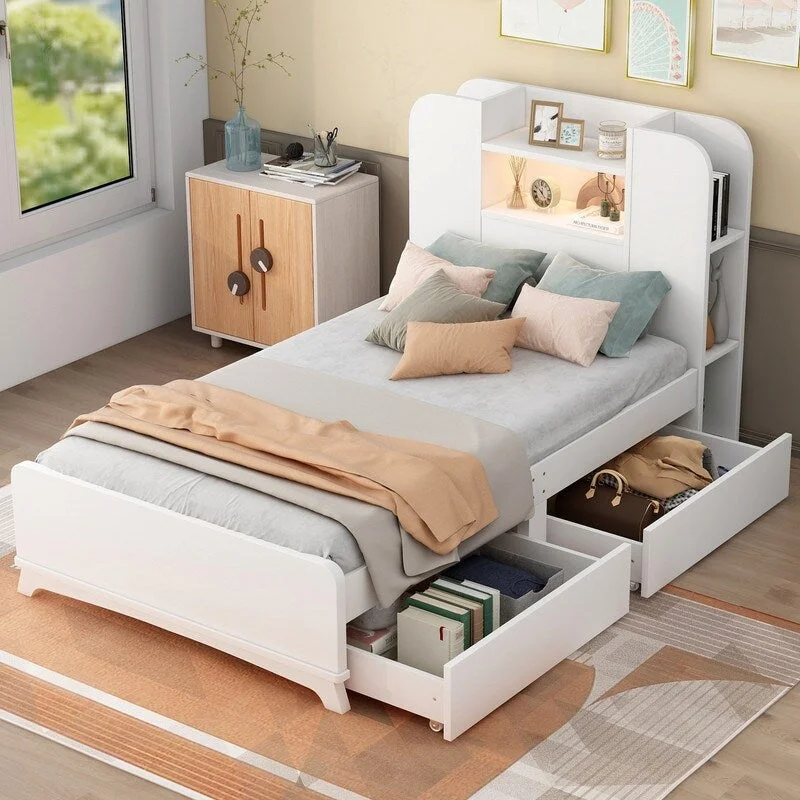 Twin Size Platform Bed with with Two Drawers and Light Strip