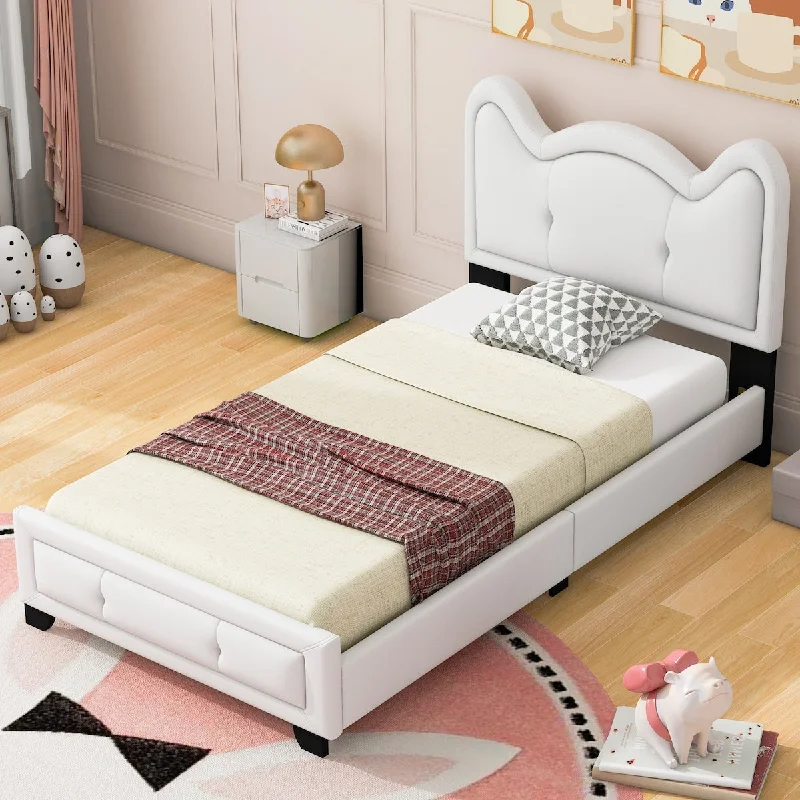 Twin Size Upholstered Platform Bed with Cartoon Ears Shaped Headboard, Cute White/Pink Design - Sturdy Construction