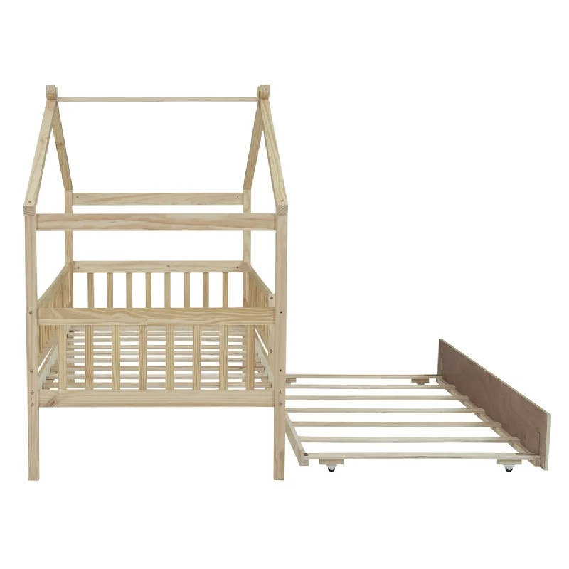 Twin Size Wooden House Bed With Twin Size Trundle for Home