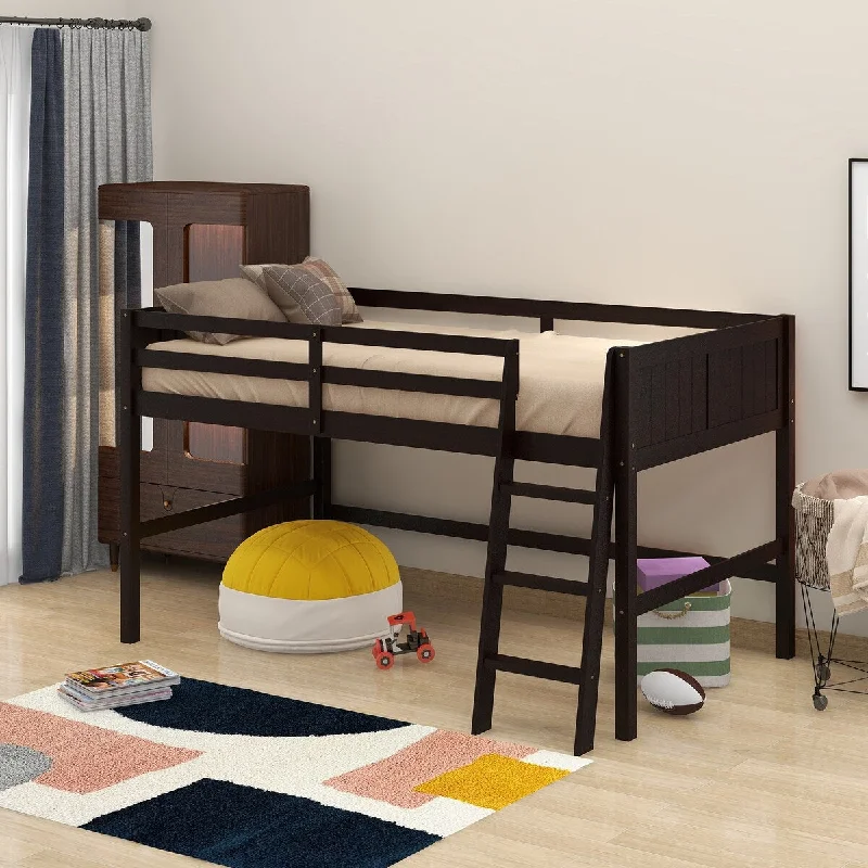 Twin Size Wooden Low Loft Bed with Sturdy Ladder and Multipurpose Space Under The Bed, 79.5"L x 42.3"W x 47.2"H, Espresso