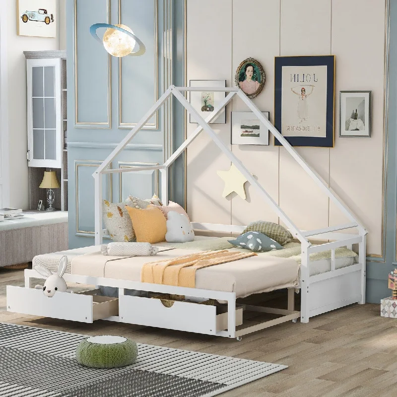 Twin to King Loft Bed with 2 Storage Drawers and 4 Casters, Wooden House Bed, 79.5"L x 40.8"W x 76"H, White