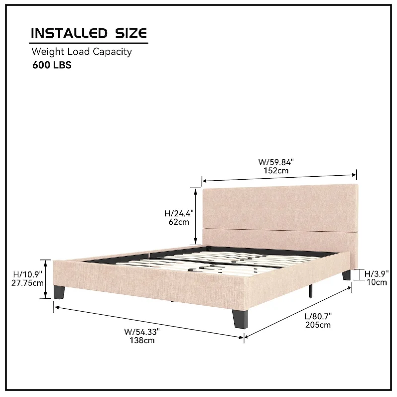 Upholstered Linen Full Platform Bed Metal Frame