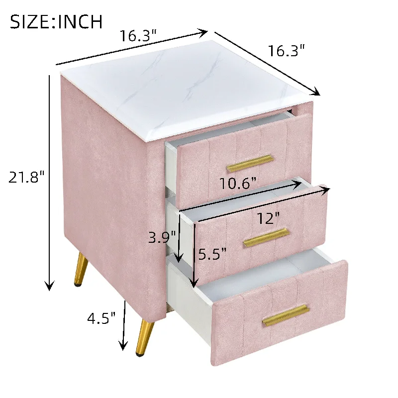 Upholstered Nightstand, Velvet Accent Table Cabinet with 3 Drawers & Metal Legs, Bedside Table with Marbling Worktop - Pink