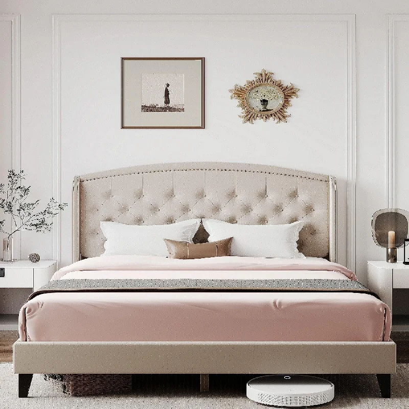 Upholstered Platform Bed Frame with Wingback Headboard