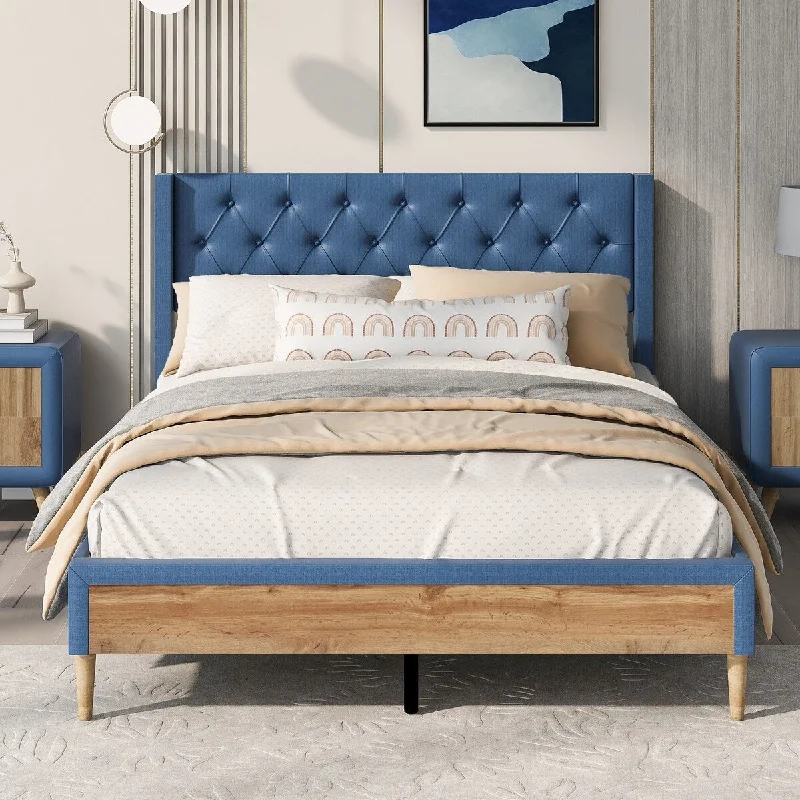 Upholstered Platform Bed with Rubber Wood Legs,No Box Spring Needed, Linen Fabric,Full Size-Blue