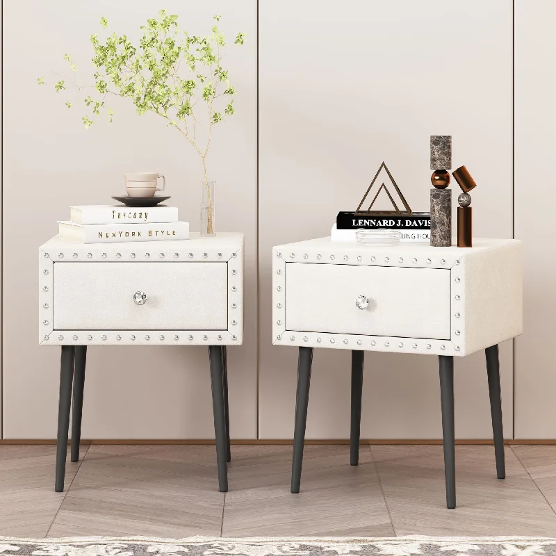 Velvet Nightstands Set of 2, Rivet Accent Storage Cabinet for Bedroom, Bedside Table with Drawer & Crystal Handle, Side Cabinet