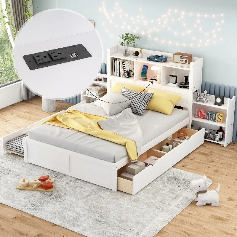 Versatile Full Platform Bed with Trundle, Storage Shelves, Drawersand USB Charging