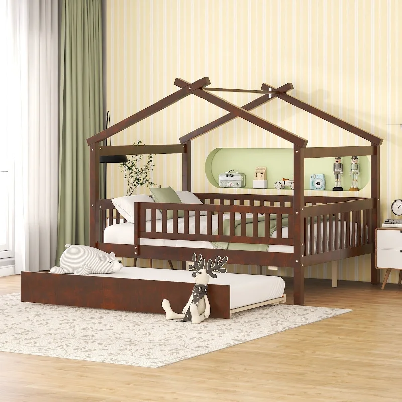 Walnut Full Size Pine Wood House Platform Bed with Trundle and Headboards, Creativity House Shape, Sturdy Construction