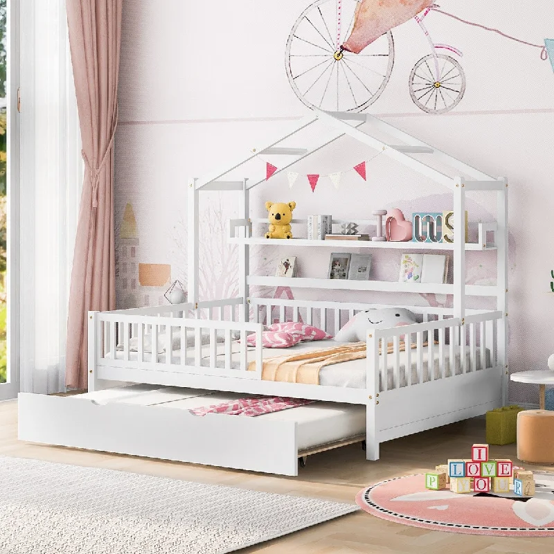 Whimsical Full Size House Bed with Twin Trundle and Shelves - Perfect Playhouse Design for Kids