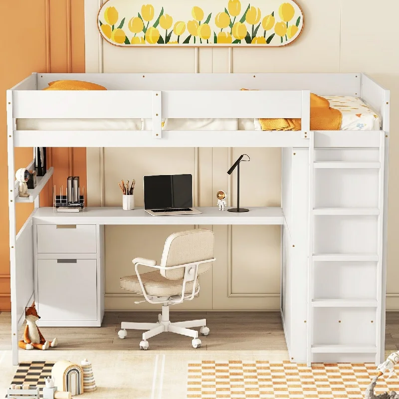 White Full Loft Bed wWardrobe, Desk, Drawers, Cabinet, Shelf, Guardrail