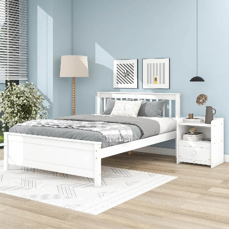 White Full Platform Bed with Slatted Headboard, Footboard, and Nightstand - Elegant Solution for Kids, Teens, and Adults