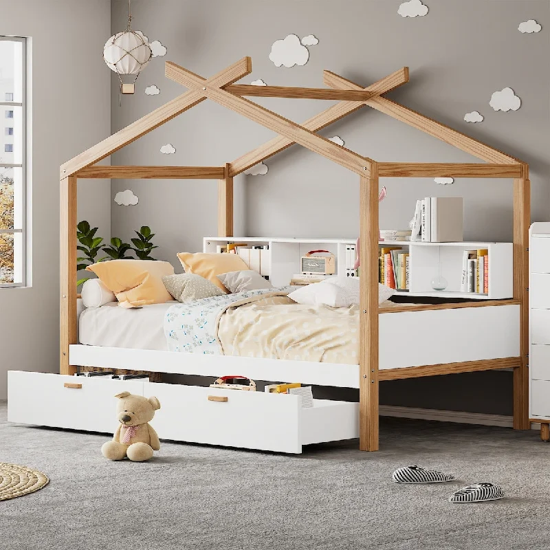 White Full Size Wooden House Bed Original Wood Colored Frame with Two Drawers and Bookshelf Storage Space for Children