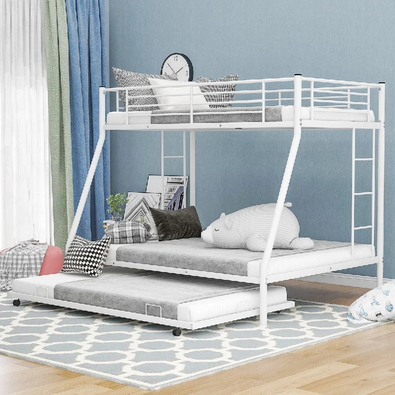 White Metal Twin over Full Bunk Bed with Trundle