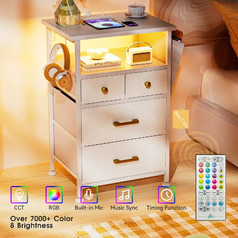 White Nightstand with Charging Station LED-4 Drawers with Open Shelf for Bedroom with Outlets-2 Hooks and 1 Side Pocket