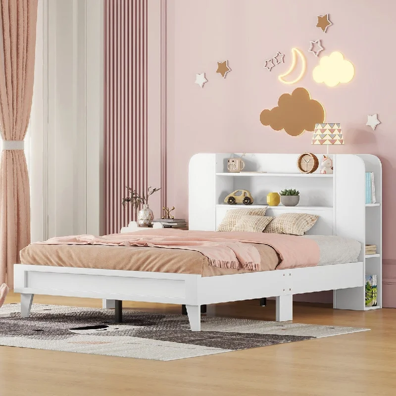 White Platform Bed with Storage Bookshelf Headboard, Space-Saving Design, Sturdy Construction, Easy Assembly