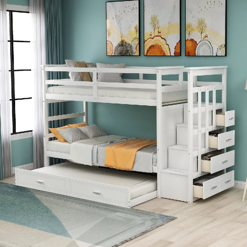 White Twin Over Twin Bunk Bed with Trundle