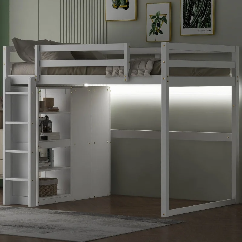 White Wood Full Size Loft Bed with Built-in Wardrobe and Storage Shelves, Led light