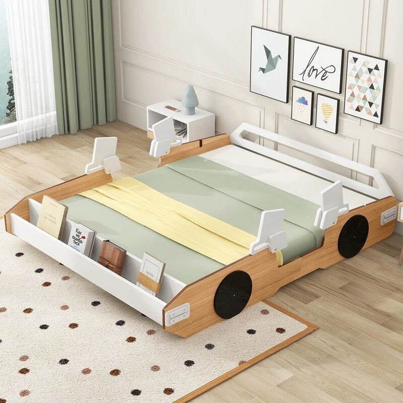 Wood Full Size Racing Car Bed with Door Design and Storage