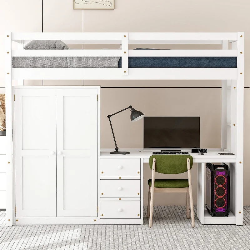 Wood Loft Bed with Wardrobe, Desk and Storage Drawers