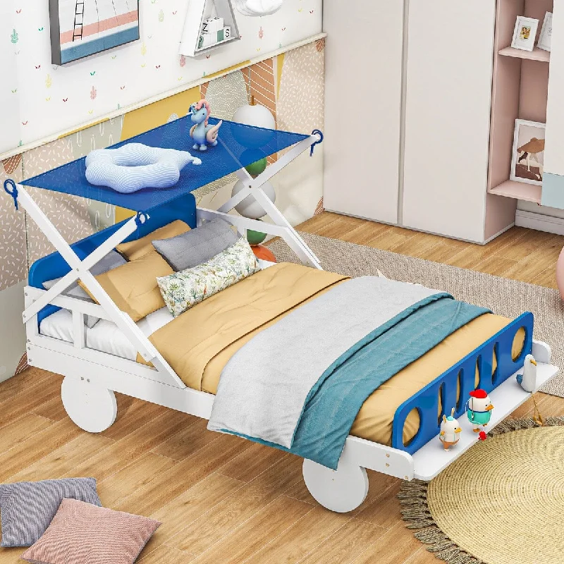 Wood Twin Size Car Bed with Ceiling Cloth and Storage Shelf - Fun Playful Design, Durable Frame, Easy Assembly