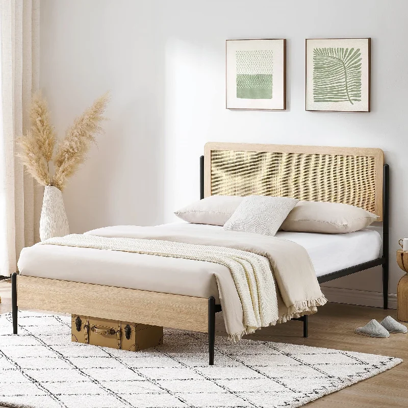 Wooden Metal Platform Bed Frame With Rattan Headboard