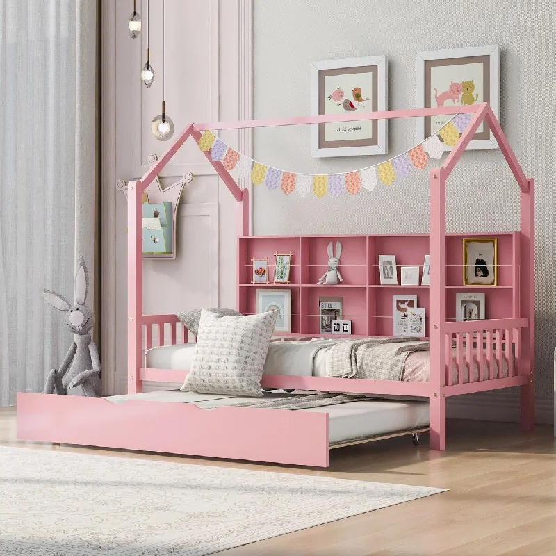 Wooden Twin Size House Bed with Trundle Kids Bed with Shelf