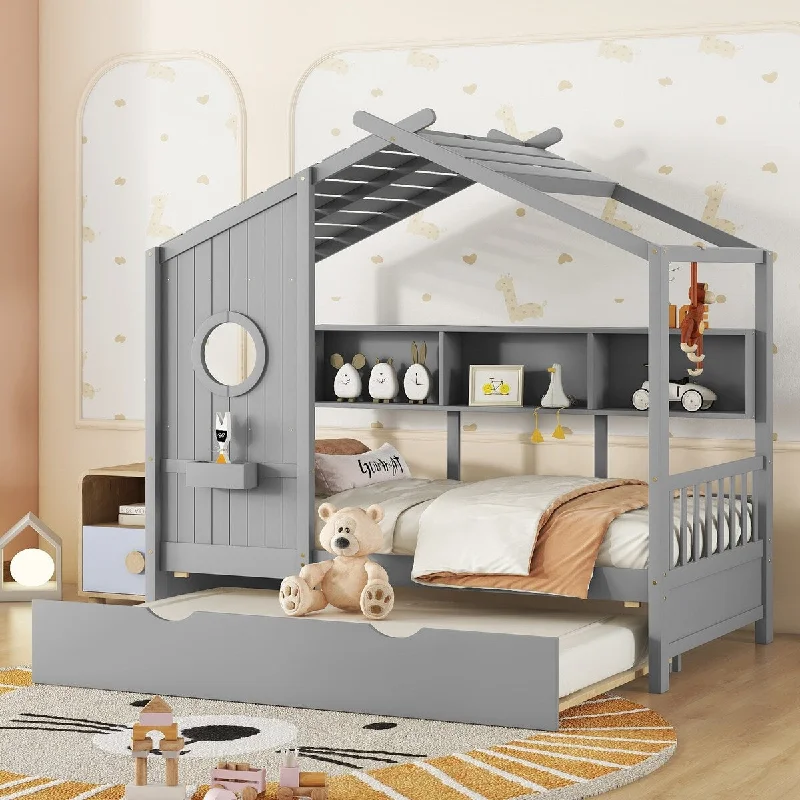 Wooden Twin Size House Bed with Trundle, Modern Design for Kids with Storage Shlef, Gray